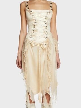 Dolls Kill Ivory Lace-Up Ruffle High-Low Dress